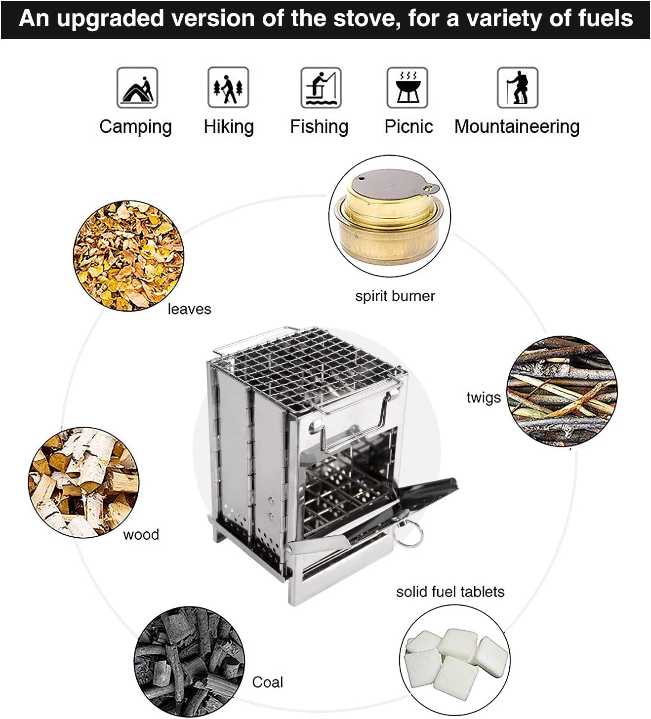 Portable Stainless Steel Wood Burning Folding Camp Stove for Outdoor Activities, Hiking, Camping, and BBQ