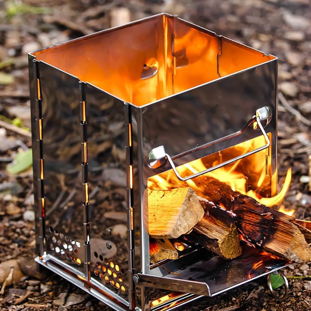 Portable Stainless Steel Wood Burning Folding Camp Stove for Outdoor Activities, Hiking, Camping, and BBQ